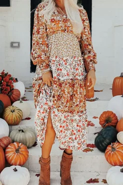 Online Dear-Lover Floral Print Ruffled Tiered Long Sleeve V Neck Midi Dress Khaki