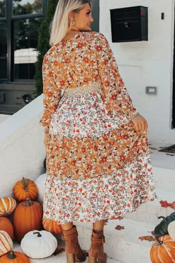 Online Dear-Lover Floral Print Ruffled Tiered Long Sleeve V Neck Midi Dress Khaki