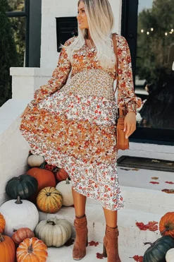 Online Dear-Lover Floral Print Ruffled Tiered Long Sleeve V Neck Midi Dress Khaki