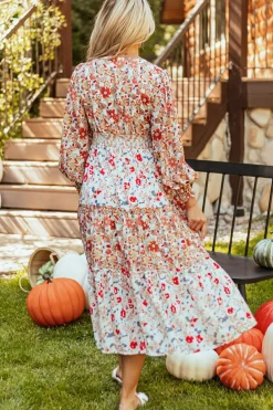 Online Dear-Lover Floral Print Ruffled Tiered Long Sleeve V Neck Midi Dress Khaki