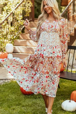 Online Dear-Lover Floral Print Ruffled Tiered Long Sleeve V Neck Midi Dress Khaki