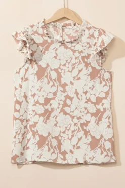 New Dear-Lover Floral Print Ruffle Short Sleeve Blouse Khaki