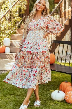 Online Dear-Lover Floral Print Ruffled Tiered Long Sleeve V Neck Midi Dress Khaki