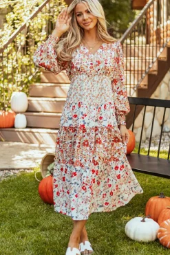 Online Dear-Lover Floral Print Ruffled Tiered Long Sleeve V Neck Midi Dress Khaki