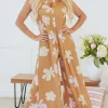 Fashion Dear-Lover Floral Print Sleeveless Button up Wide Leg Loose Jumpsuit Khaki