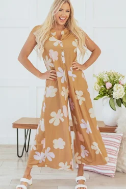 Fashion Dear-Lover Floral Print Sleeveless Button up Wide Leg Loose Jumpsuit Khaki