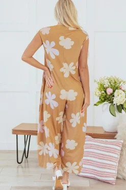 Fashion Dear-Lover Floral Print Sleeveless Button up Wide Leg Loose Jumpsuit Khaki