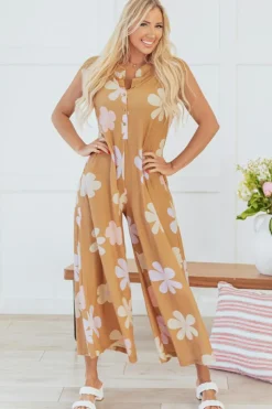 Fashion Dear-Lover Floral Print Sleeveless Button up Wide Leg Loose Jumpsuit Khaki