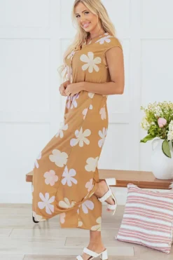 Fashion Dear-Lover Floral Print Sleeveless Button up Wide Leg Loose Jumpsuit Khaki
