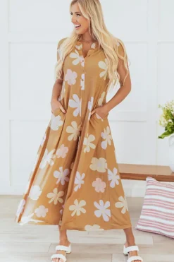 Fashion Dear-Lover Floral Print Sleeveless Button up Wide Leg Loose Jumpsuit Khaki