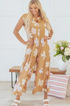 Fashion Dear-Lover Floral Print Sleeveless Button up Wide Leg Loose Jumpsuit Khaki