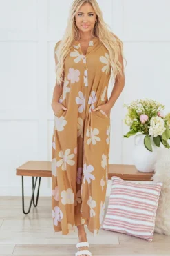 Fashion Dear-Lover Floral Print Sleeveless Button up Wide Leg Loose Jumpsuit Khaki