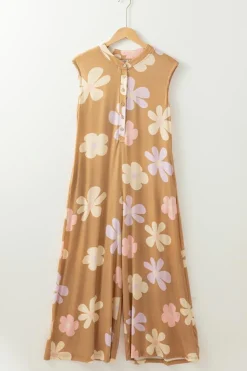 Fashion Dear-Lover Floral Print Sleeveless Button up Wide Leg Loose Jumpsuit Khaki