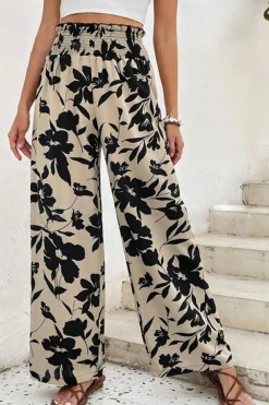 Sale Dear-Lover Floral Print Smocked High Waist Wide Leg Pants Khaki
