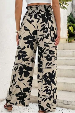 Sale Dear-Lover Floral Print Smocked High Waist Wide Leg Pants Khaki
