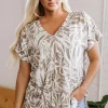 Discount Dear-Lover Floral Print V Neck Short Sleeve Loose Fit Blouse Khaki