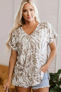 Discount Dear-Lover Floral Print V Neck Short Sleeve Loose Fit Blouse Khaki