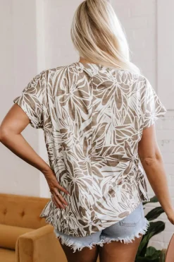 Discount Dear-Lover Floral Print V Neck Short Sleeve Loose Fit Blouse Khaki