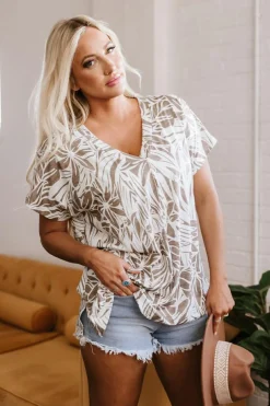 Discount Dear-Lover Floral Print V Neck Short Sleeve Loose Fit Blouse Khaki