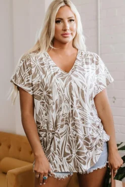 Discount Dear-Lover Floral Print V Neck Short Sleeve Loose Fit Blouse Khaki