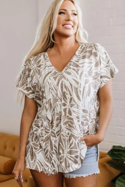 Discount Dear-Lover Floral Print V Neck Short Sleeve Loose Fit Blouse Khaki