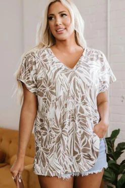 Discount Dear-Lover Floral Print V Neck Short Sleeve Loose Fit Blouse Khaki