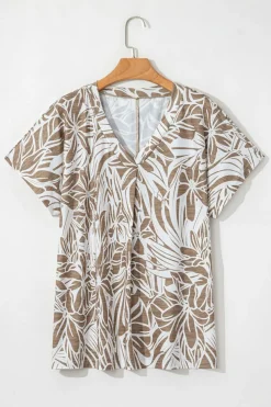 Discount Dear-Lover Floral Print V Neck Short Sleeve Loose Fit Blouse Khaki