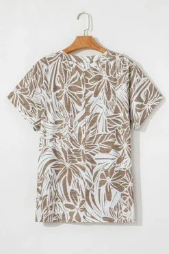 Discount Dear-Lover Floral Print V Neck Short Sleeve Loose Fit Blouse Khaki