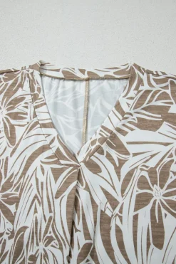 Discount Dear-Lover Floral Print V Neck Short Sleeve Loose Fit Blouse Khaki