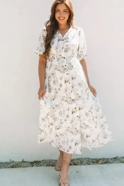 Best Dear-Lover Floral Puff Sleeve V Neck Buttoned Front Maxi Dress Khaki