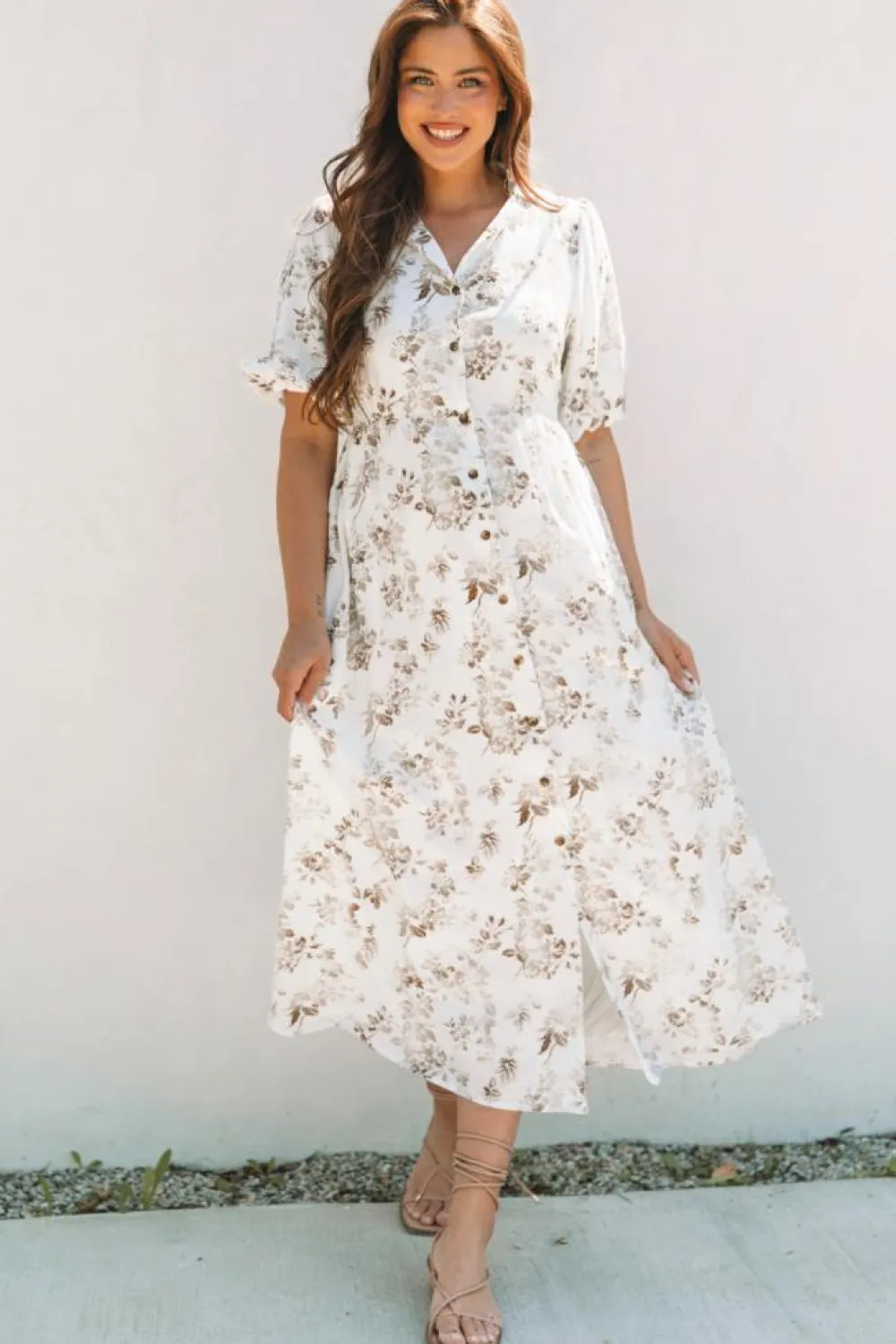 Best Dear-Lover Floral Puff Sleeve V Neck Buttoned Front Maxi Dress Khaki