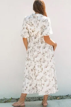 Best Dear-Lover Floral Puff Sleeve V Neck Buttoned Front Maxi Dress Khaki