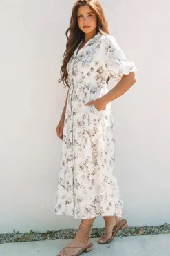 Best Dear-Lover Floral Puff Sleeve V Neck Buttoned Front Maxi Dress Khaki