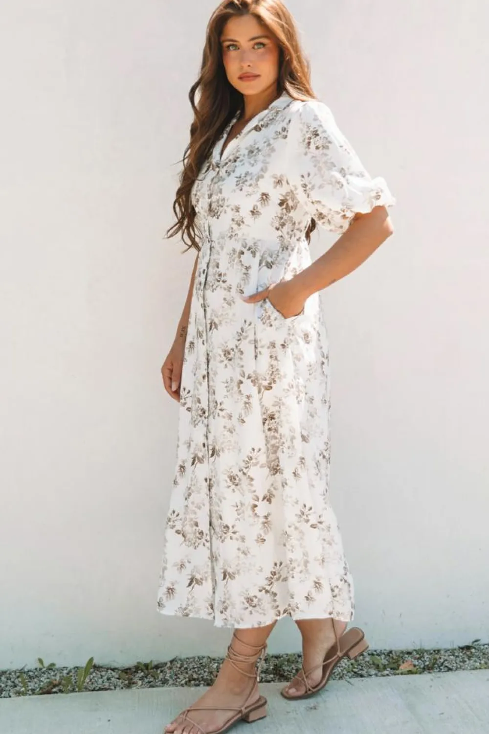 Best Dear-Lover Floral Puff Sleeve V Neck Buttoned Front Maxi Dress Khaki