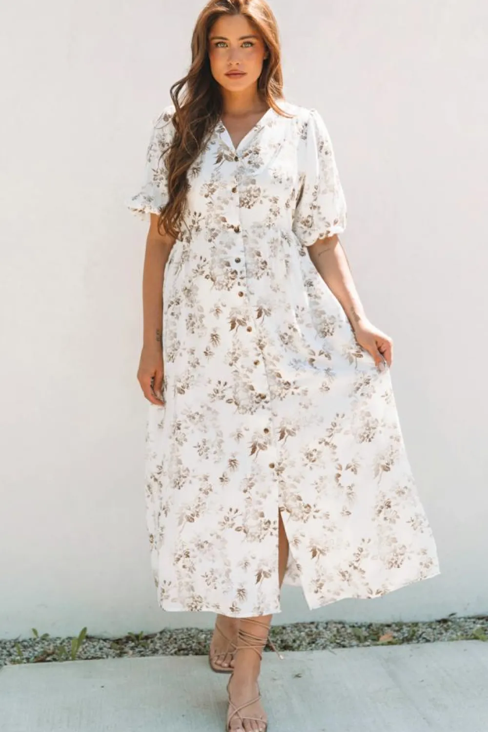 Best Dear-Lover Floral Puff Sleeve V Neck Buttoned Front Maxi Dress Khaki