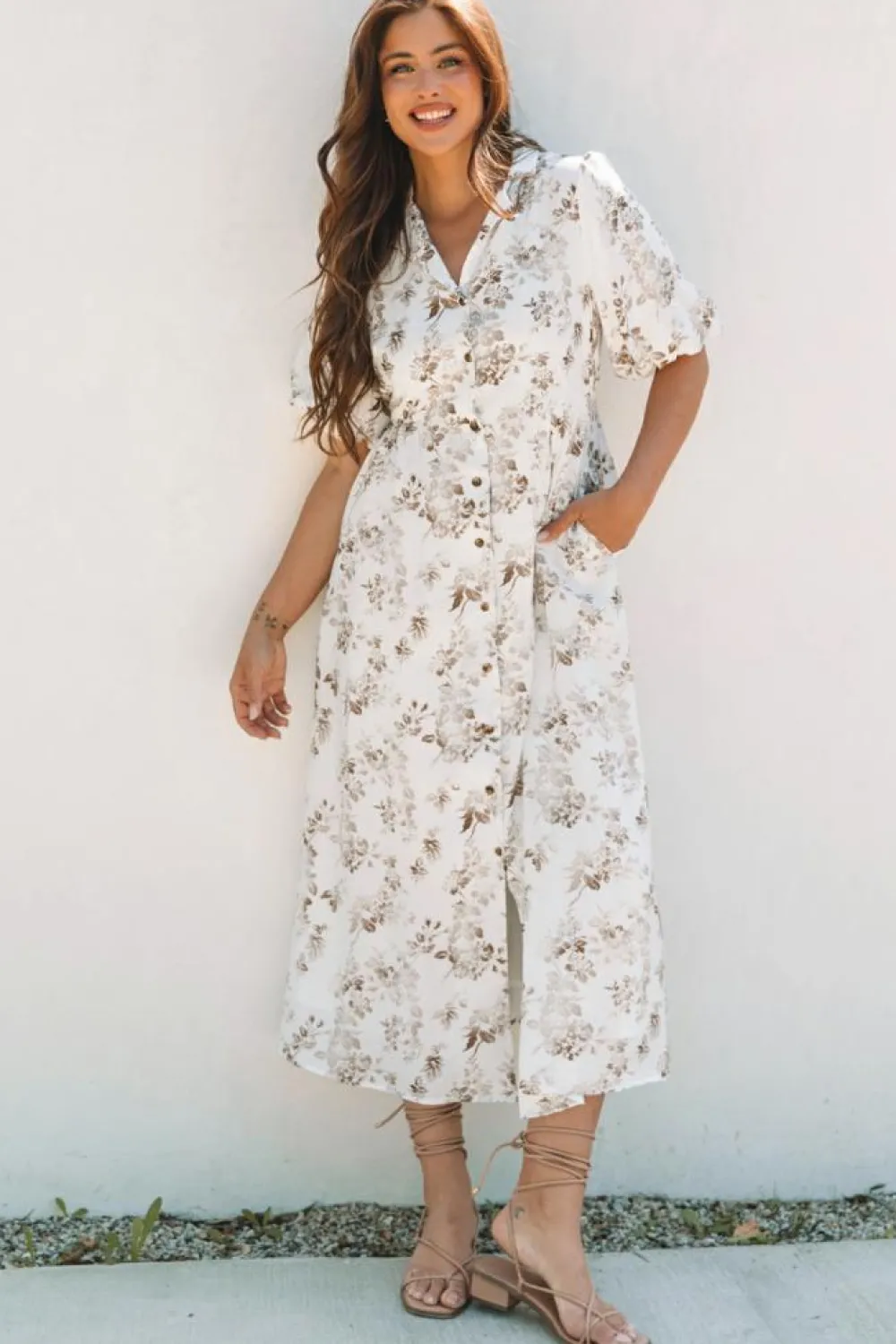 Best Dear-Lover Floral Puff Sleeve V Neck Buttoned Front Maxi Dress Khaki