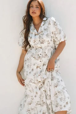 Best Dear-Lover Floral Puff Sleeve V Neck Buttoned Front Maxi Dress Khaki