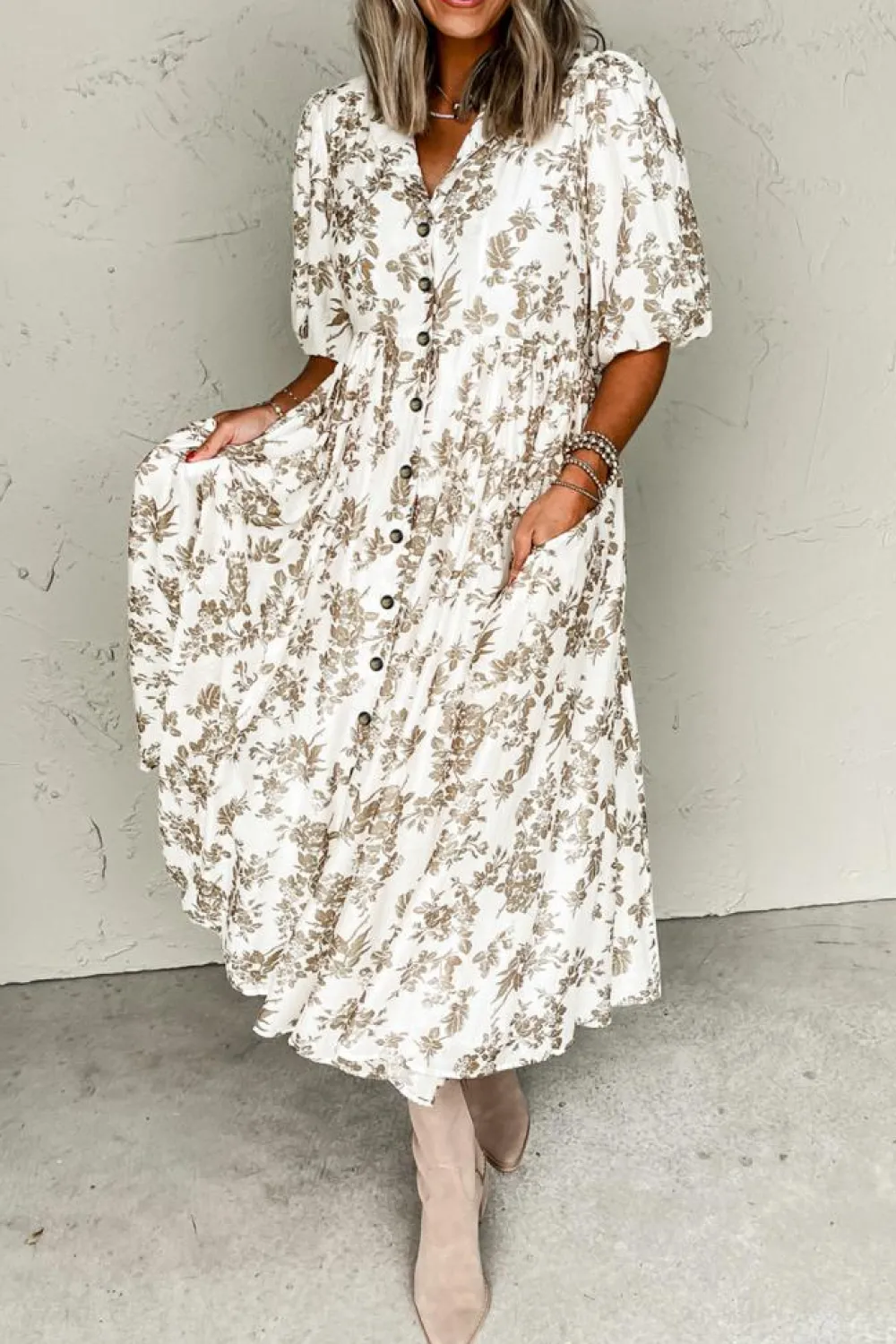 Best Dear-Lover Floral Puff Sleeve V Neck Buttoned Front Maxi Dress Khaki