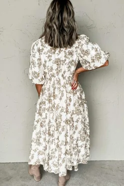 Best Dear-Lover Floral Puff Sleeve V Neck Buttoned Front Maxi Dress Khaki