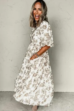 Best Dear-Lover Floral Puff Sleeve V Neck Buttoned Front Maxi Dress Khaki