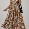 Clearance Dear-Lover Floral Shirred High Waist Spaghetti Straps Maxi Dress Khaki
