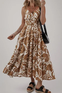 Clearance Dear-Lover Floral Shirred High Waist Spaghetti Straps Maxi Dress Khaki