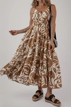 Clearance Dear-Lover Floral Shirred High Waist Spaghetti Straps Maxi Dress Khaki