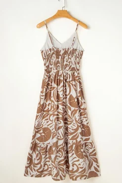 Clearance Dear-Lover Floral Shirred High Waist Spaghetti Straps Maxi Dress Khaki