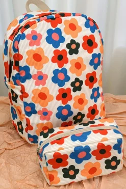 Discount Dear-Lover Flower Print Corduroy Backpack with Matching Pouch Khaki