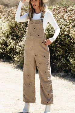 Best Dear-Lover Flower Print Corduroy Overalls Khaki