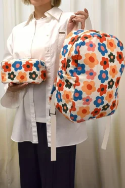 Discount Dear-Lover Flower Print Corduroy Backpack with Matching Pouch Khaki