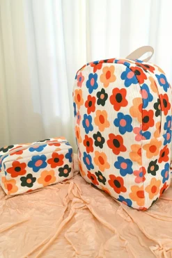 Discount Dear-Lover Flower Print Corduroy Backpack with Matching Pouch Khaki