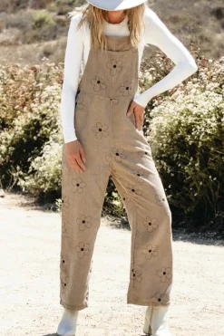 Best Dear-Lover Flower Print Corduroy Overalls Khaki