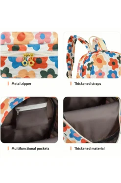 Discount Dear-Lover Flower Print Corduroy Backpack with Matching Pouch Khaki